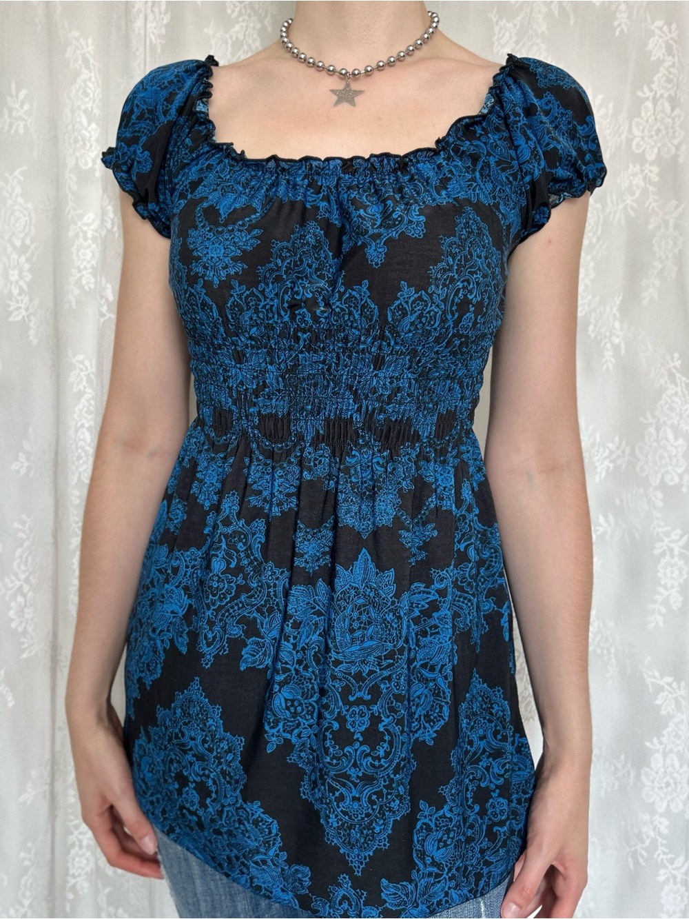 Y2K 2000s Whimsygoth Black & Blue Babydoll Top